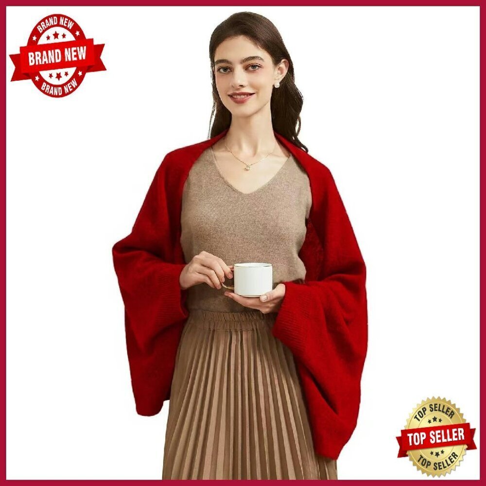 Open Front Cashmere Shawl Wrap with Sleeves Knitted Poncho Cape